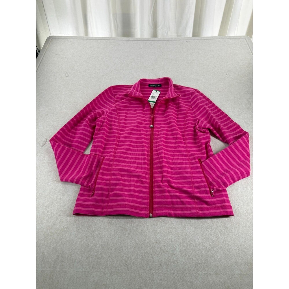 NWT Jones New York Large Zip Up Mock Neck Jacket Azalea Pink Striped Athleisure